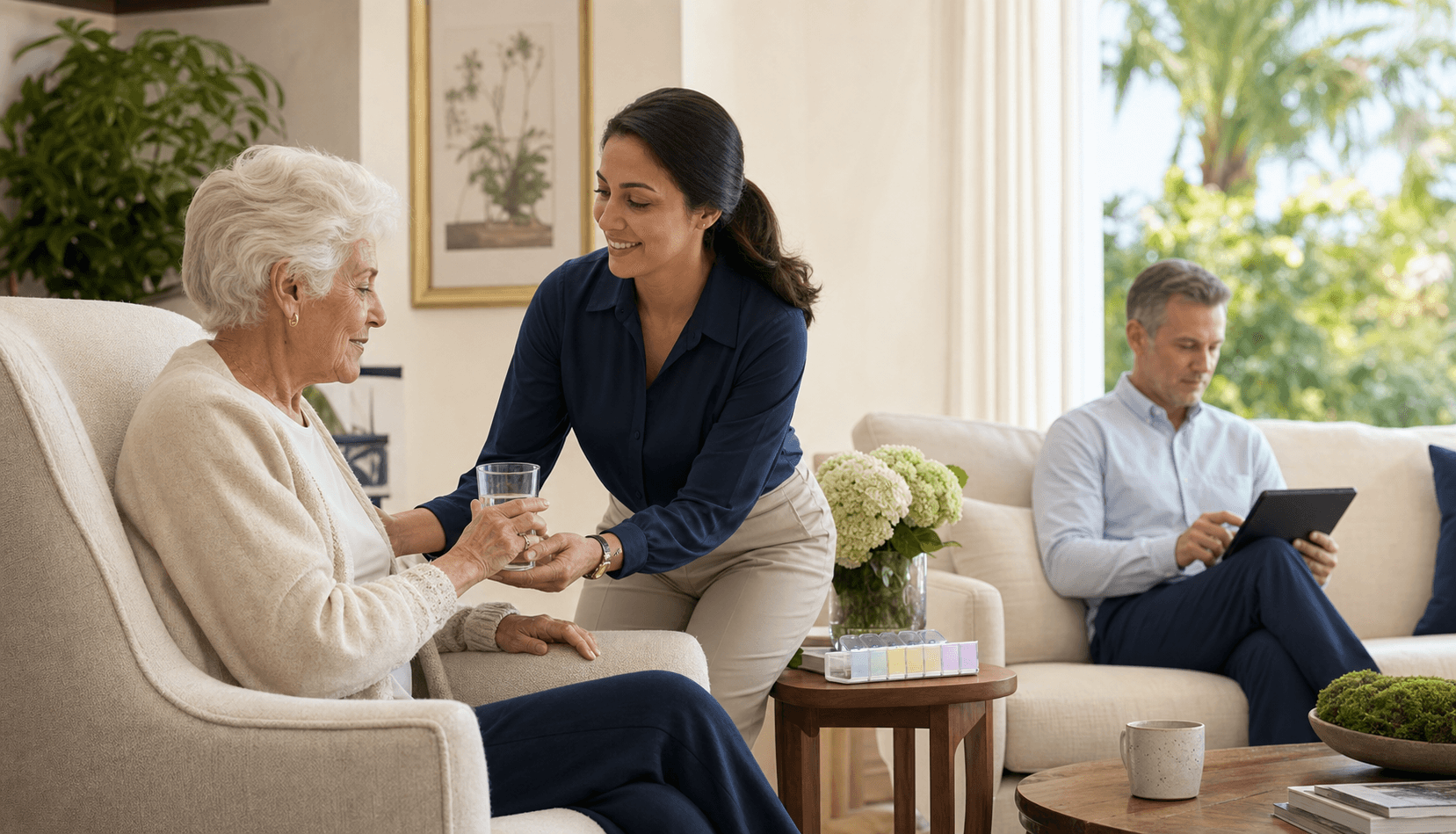 A care professional supporting an older adult at home while a client representative reviews care details